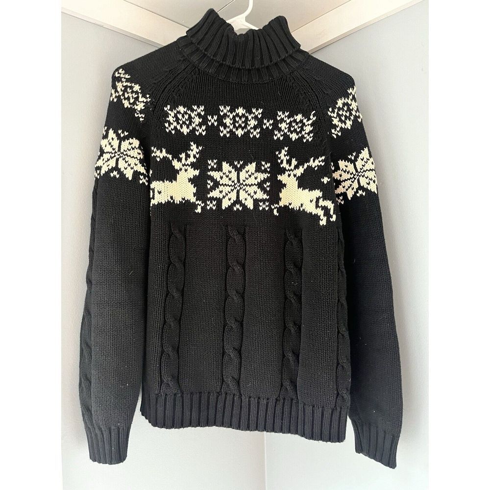 Lands End Nordic 100% Cotton Navy Reindeer‎ Sweater Women's small 4-6